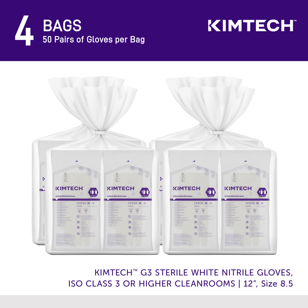 Kimtech™ G3 Sterile White Nitrile Gloves (56893), ISO Class 3 or Higher Cleanrooms, 6 Mil, Hand Specific, 12”, Size 8.5, 200 Pairs / Case, 10 Bags of 20 Pairs - 56893