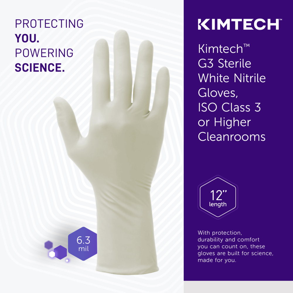 Kimtech™ G3 Sterile White Nitrile Gloves (56894), ISO Class 3 or Higher Cleanrooms, 6 Mil, Hand Specific, 12”, Size 9.0, 200 Pairs / Case, 10 Bags of 20 Pairs - 56894