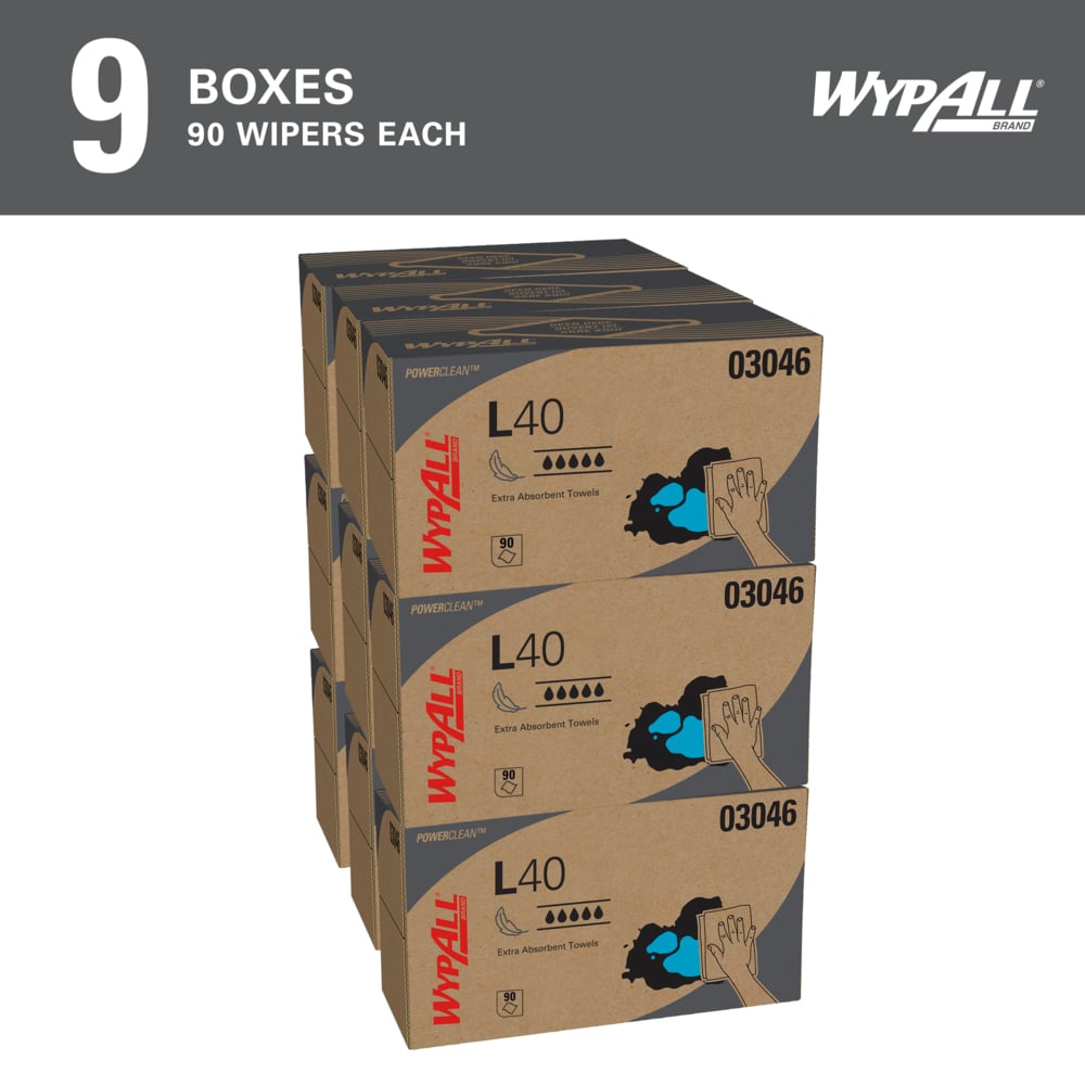 WypAll® PowerClean™ L40 Extra Absorbent Towels (03046), Pop-Up Box, Limited Use Towels, White (90 Sheets/Box, 9 Boxes/Case, 810 Sheets/Case) - 03046