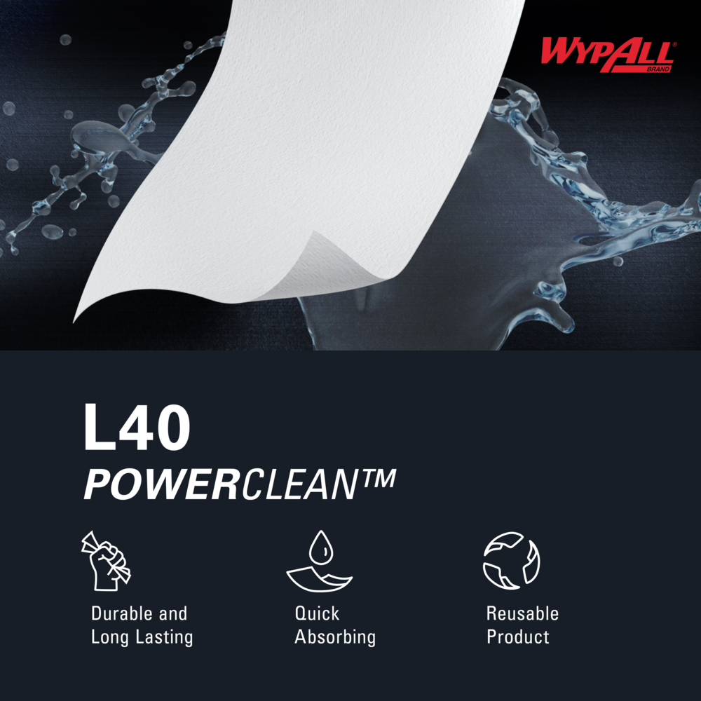 WypAll® PowerClean™ L40 Extra Absorbent Towels (03046), Pop-Up Box, Limited Use Towels, White (90 Sheets/Box, 9 Boxes/Case, 810 Sheets/Case) - 03046