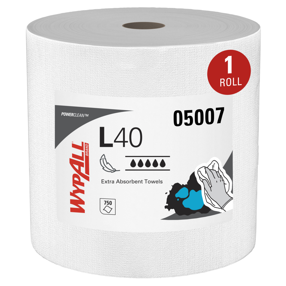 WypAll® PowerClean™ L40 Extra Absorbent Towels (05007), Jumbo Roll, Limited  Use Towels, White (750 Sheets/Roll, 1 Roll/Case, 750 Sheets/Case)