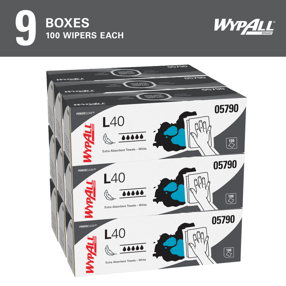 WypAll® PowerClean™ L40 Extra Absorbent Towels (05790), Pop-Up Box, Limited Use Towels, White (100 Sheets/Box, 9 Boxes/Case, 900 Sheets/Case) - 05790