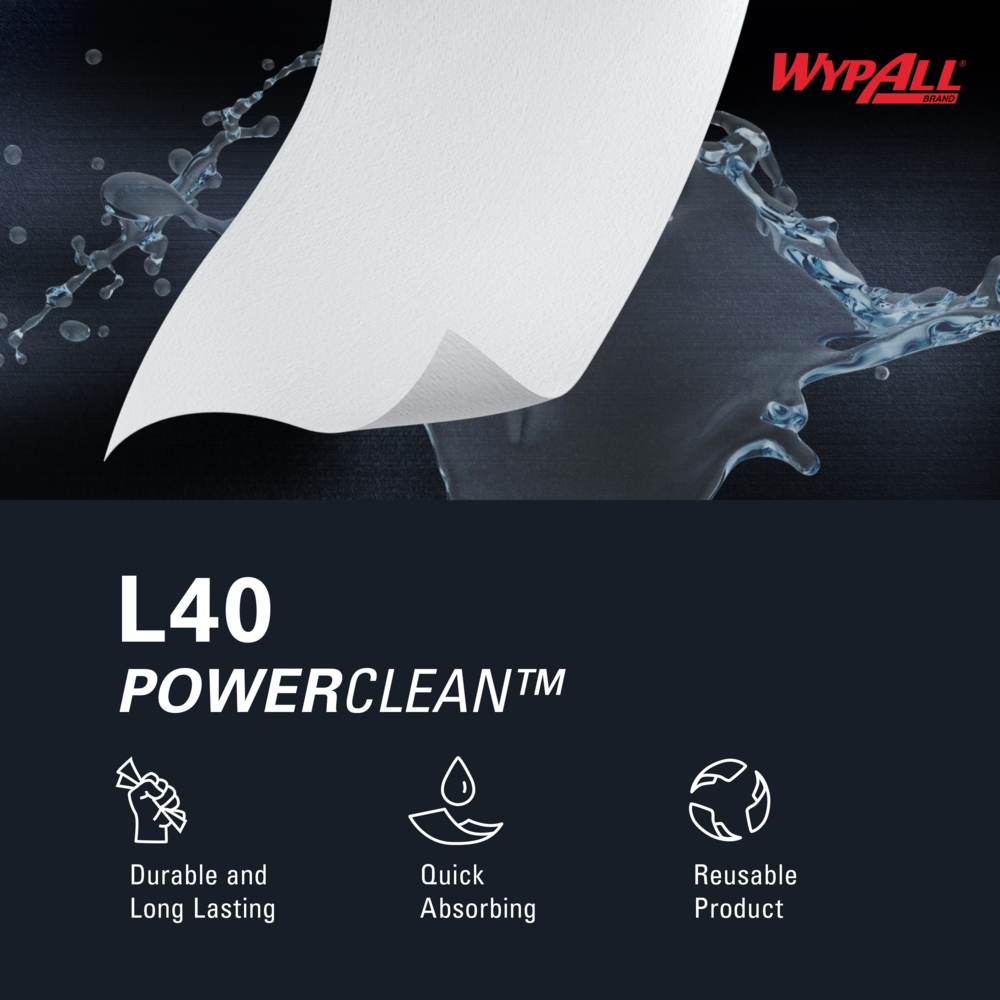 WypAll® PowerClean™ L40 Extra Absorbent Towels (05790), Pop-Up Box, Limited Use Towels, White (100 Sheets/Box, 9 Boxes/Case, 900 Sheets/Case) - 05790