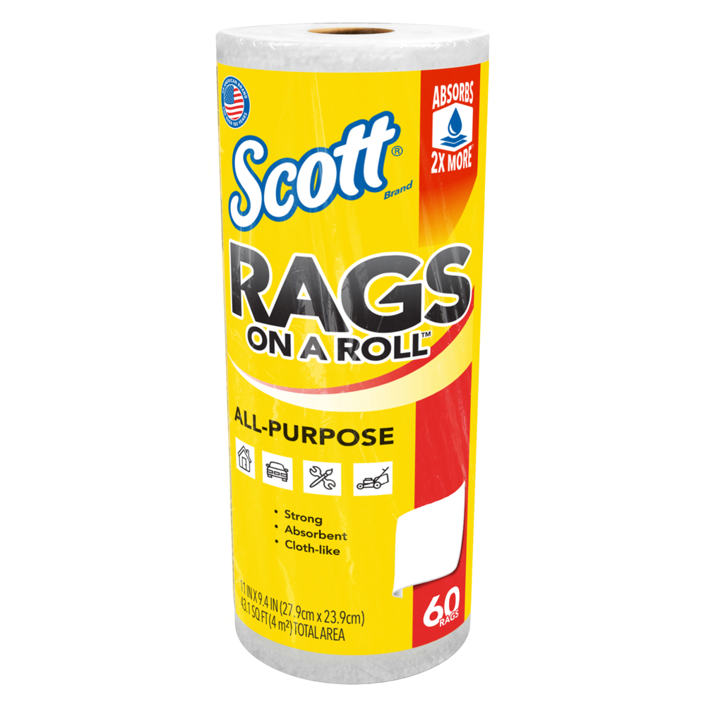 Scott® Rags On A Roll™ (54992), All-Purpose Towels, 9.4"x11" sheets (60 Towels/Roll, 12 Rolls/Case, 720 Towels/Case) - 54992