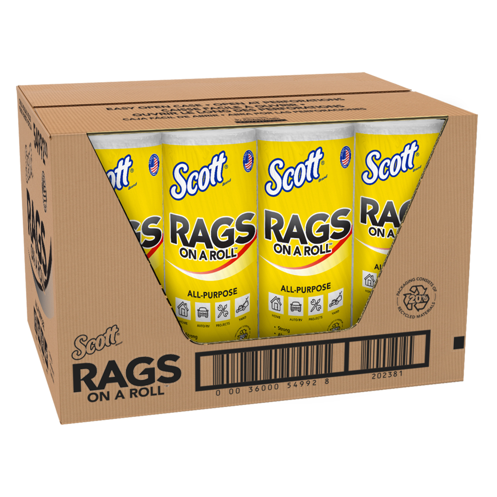 Scott® Rags On A Roll™ (54992), chiffons tout usage, feuilles de 23,9 cm x 28 cm (9,4 po x 11 po) (60 chiffons/rouleau, 12 rouleaux/caisse, 720 chiffons/caisse) - 54992