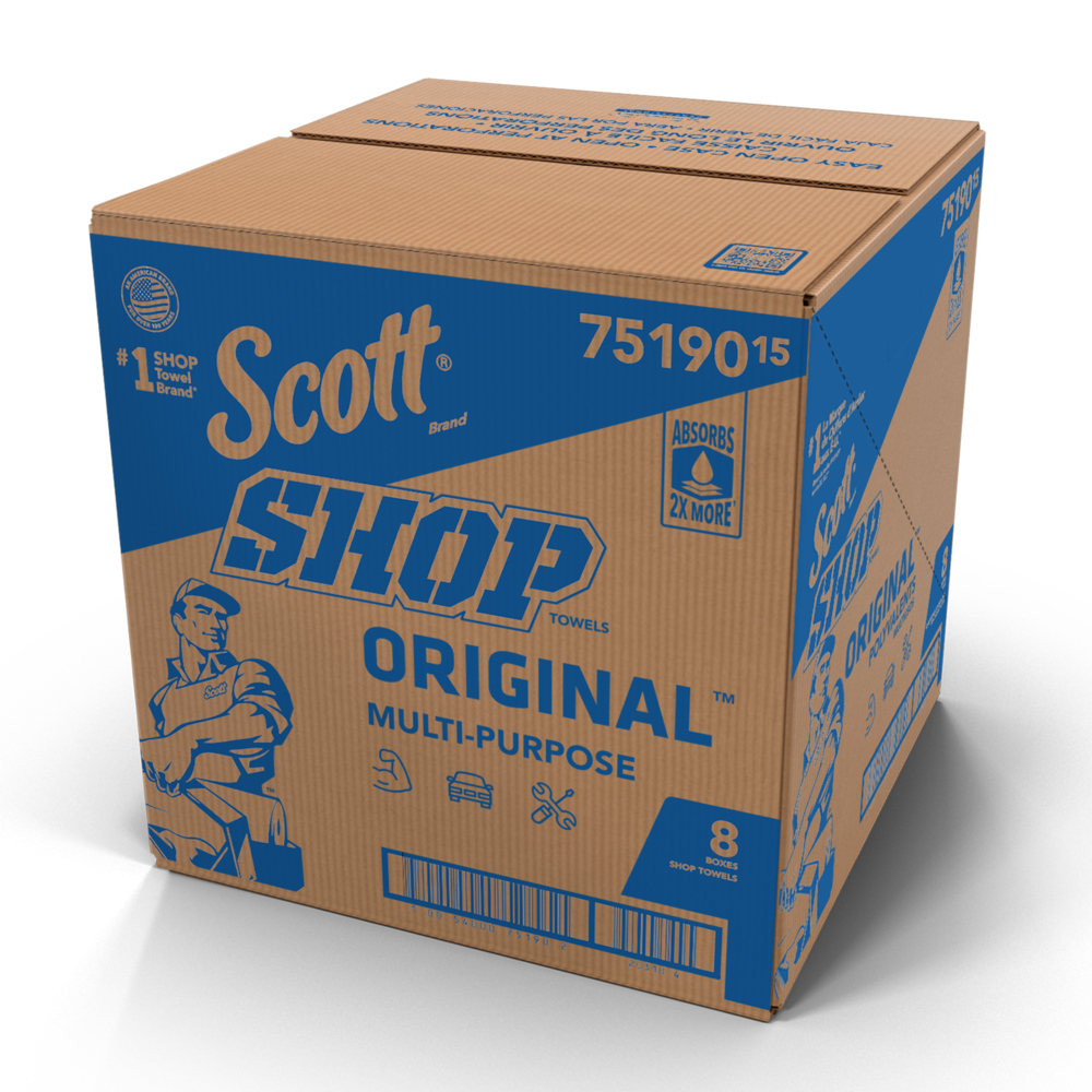 Chiffons d’atelier Scott® Original™ (75190), chiffons d’atelier bleus Original, feuilles de 22,9 cm x 30,5 cm (9 po x 12 po), boîte Pop-Up™ (200 chiffons/rouleau, 8 rouleaux/caisse, 1 600 chiffons/caisse) - 75190