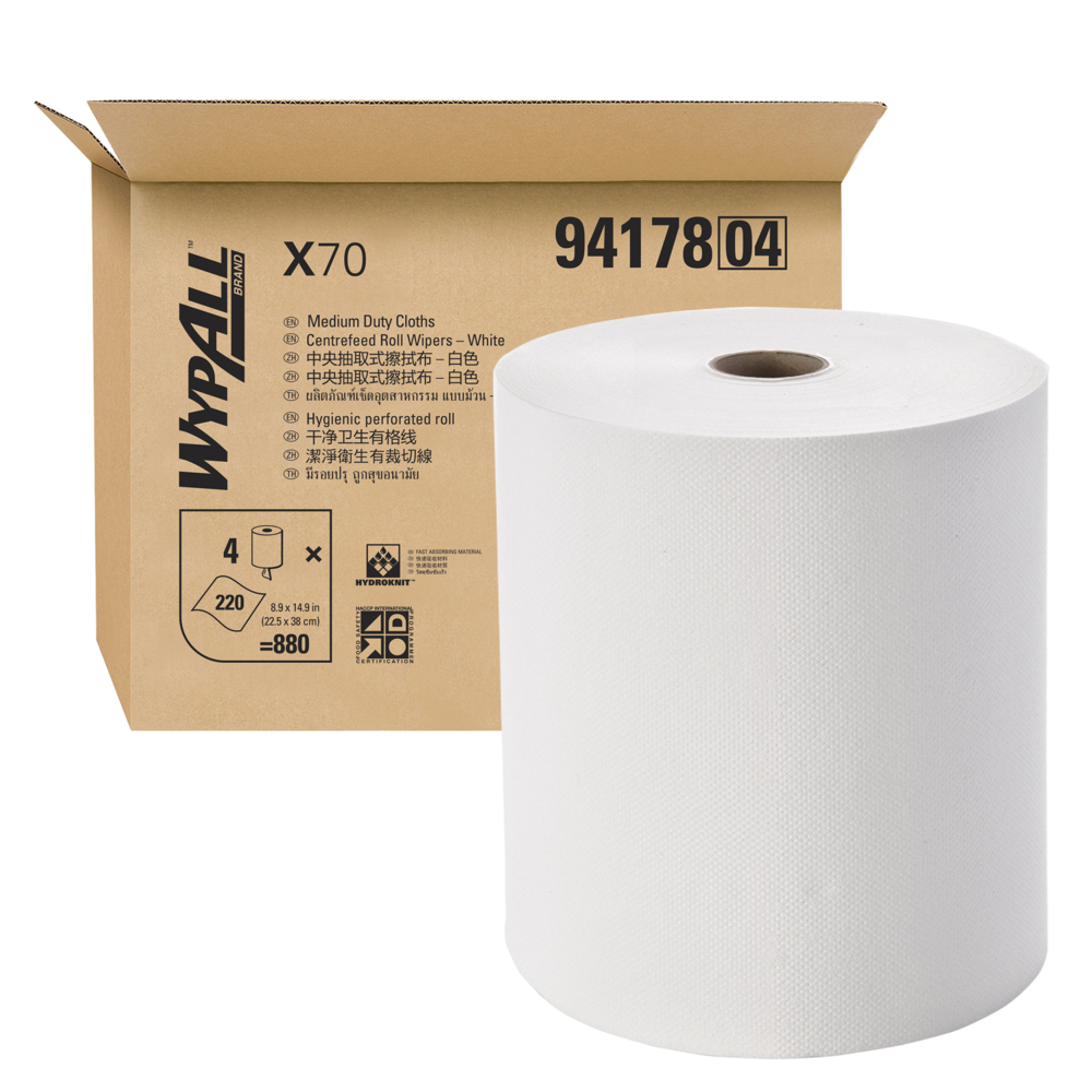 WYPALL® X70 Centrefeed Wiper Roll (94178), Reusable Cleaning Cloths, 4 Rolls / Case, 220 White Wipers / Roll (880 Total) - S050428289