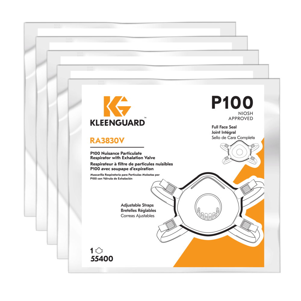 KleenGuard™ 3800 Series P100 Particulate Respirator (55400), RA3830V Molded Cup Style, NIOSH-Approved, Exhalation Valve, Regular, White (1 Respirator/Bag, 5 Bags/Case, 5 Respirators/Case) - 55400