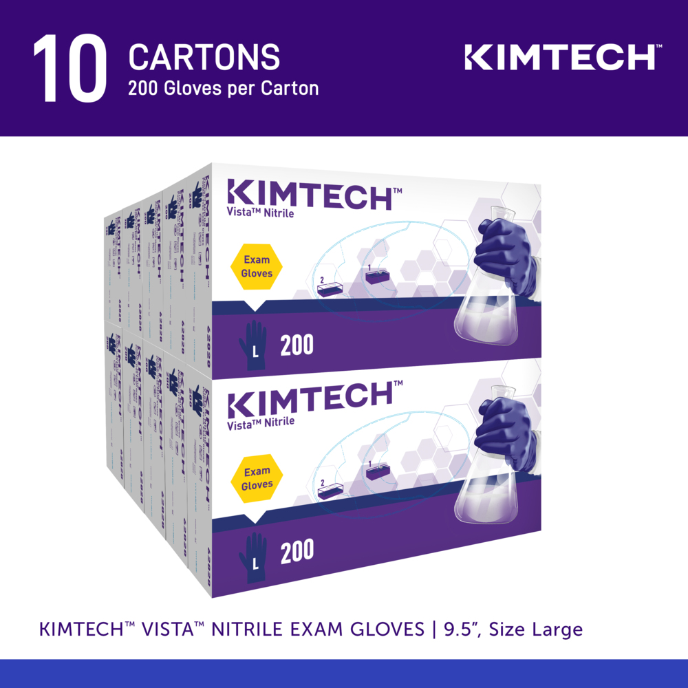 Kimtech™ Vista™ Nitrile Exam Gloves (62828), 4.3 Mil, Ambidextrous, Beaded Cuff, Textured Fingertips, 9.5", Large (200 Gloves/Box, 10 Boxes/Case, 2,000 Gloves/Case) - 62828