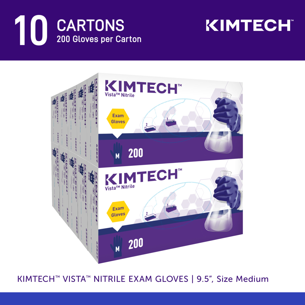 Kimtech™ Vista™ Nitrile Exam Gloves (62827), 4.3 Mil, Ambidextrous, Beaded Cuff, Textured Fingertips, 9.5", Medium (200 Gloves/Box, 10 Boxes/Case, 2,000 Gloves/Case) - 62827
