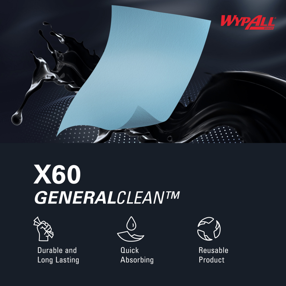 Paños multifunción WypAll® X60 General Clean™ 8250 - Sistema de limpieza 2 en1 de rollo mediano - 1 rollo azul x 235 paños de limpieza azules - 8250