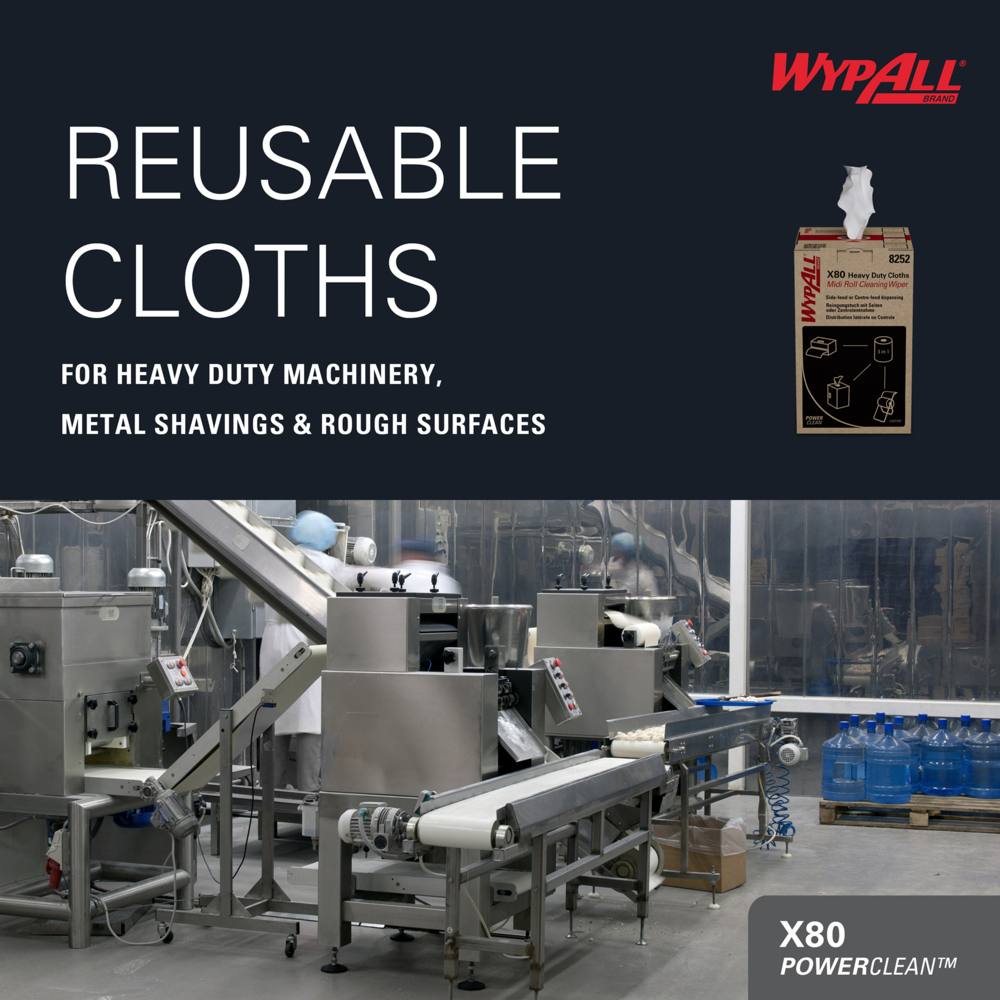 Chiffons WypAll® X80 Power Clean™ à usage intensif - Système de nettoyage avec Rouleau Midi 2 en 1 - 1 bobine de 180 chiffons de nettoyage blancs - 8252