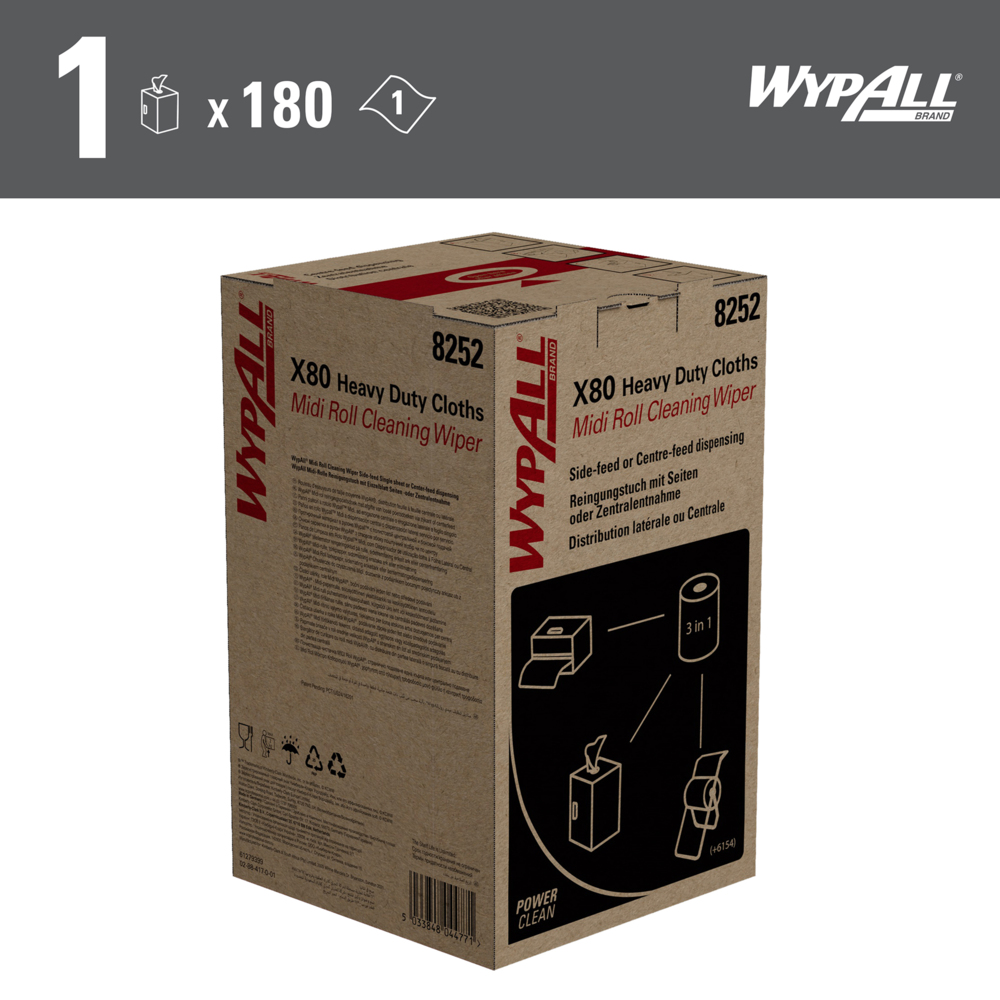 Chiffons WypAll® X80 Power Clean™ à usage intensif - Système de nettoyage avec Rouleau Midi 2 en 1 - 1 bobine de 180 chiffons de nettoyage blancs - 8252