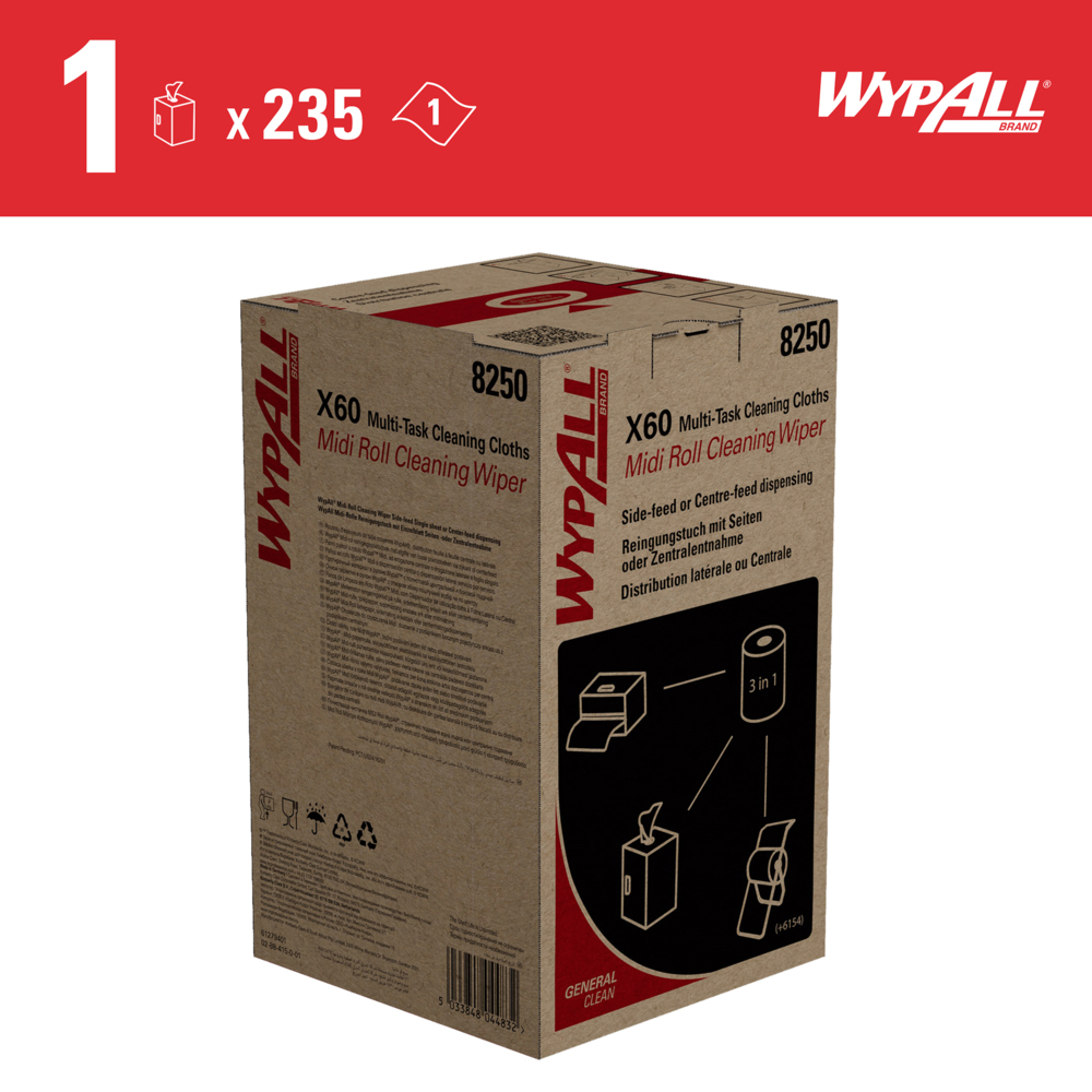 Paños multifunción WypAll® X60 General Clean™ 8250 - Sistema de limpieza 2 en1 de rollo mediano - 1 rollo azul x 235 paños de limpieza azules - 8250