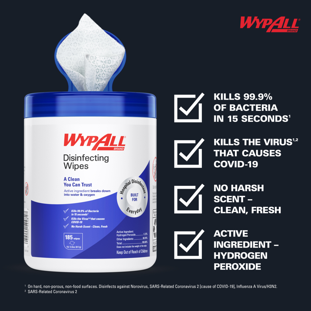 WypAll® Disinfecting Wipes (54481), Hydrogen Peroxide Disinfectant Cleaner for Commercial, Industrial & Healthcare, Fresh Scent (185 Sheets/Canister, 3 Canisters/Case, 555 Sheets/Case) - 54481