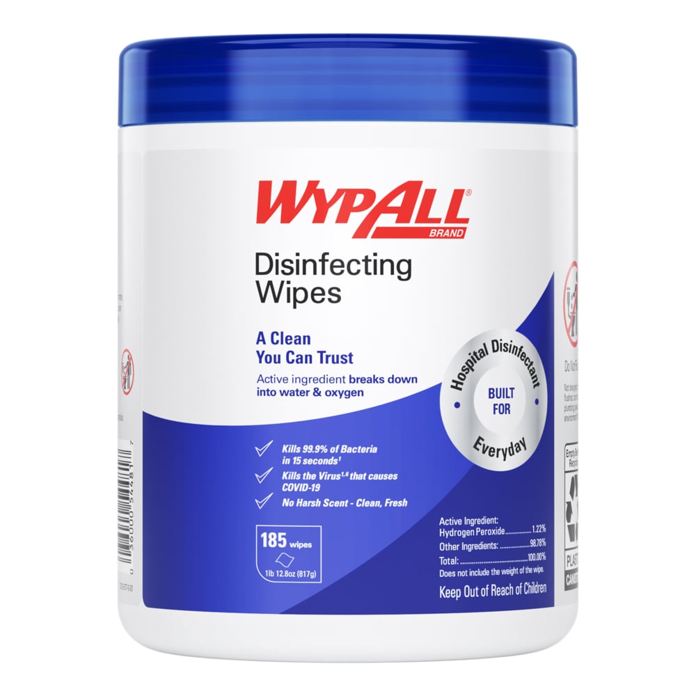 WypAll® Disinfecting Wipes (54481), Hydrogen Peroxide Disinfectant Cleaner for Commercial, Industrial & Healthcare, 5.75"x7" Wipes, Fresh Scent (185 Sheets/Canister, 3 Canisters/Case, 555 Sheets/Case)