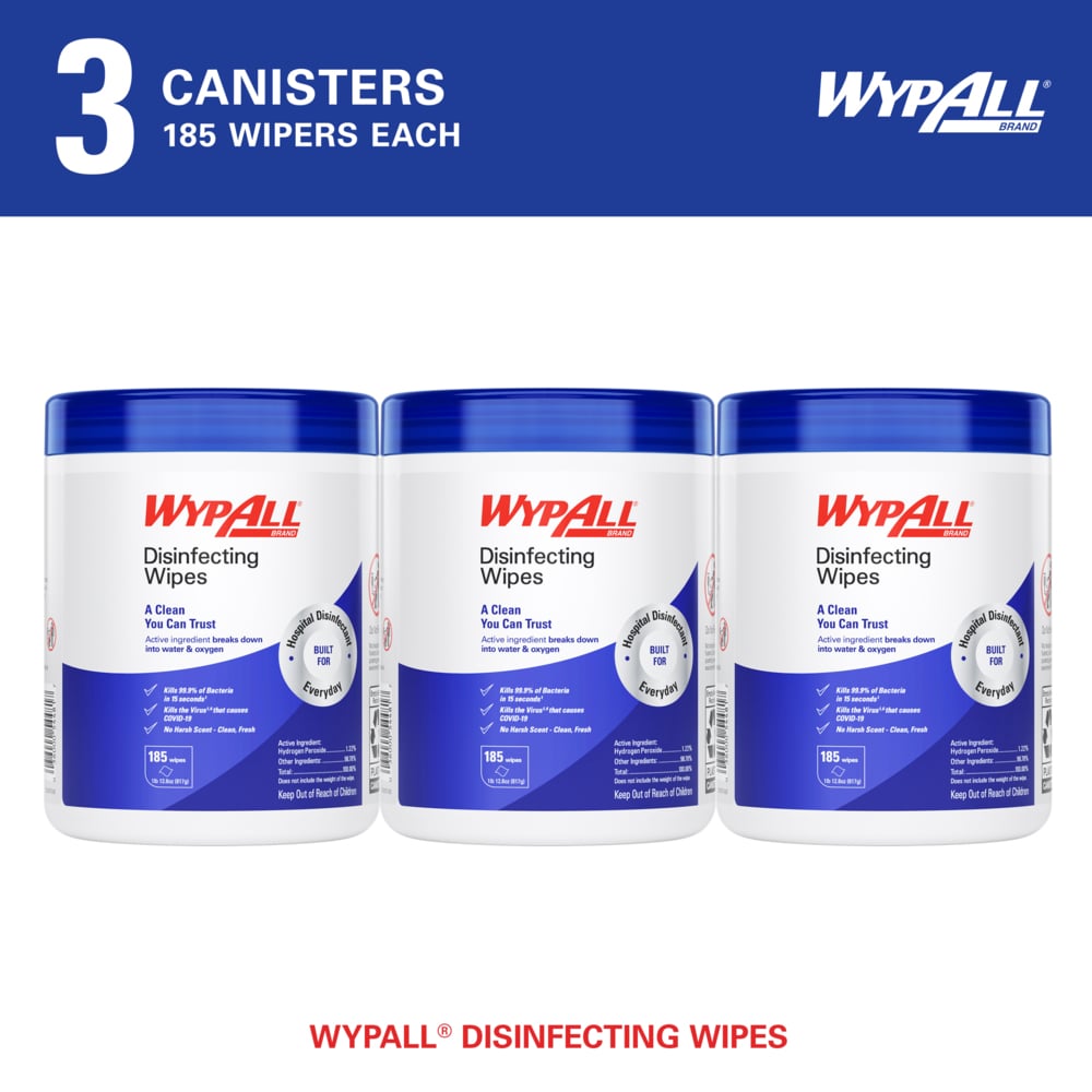 WypAll® Disinfecting Wipes (54481), Hydrogen Peroxide Disinfectant Cleaner for Commercial, Industrial & Healthcare, Fresh Scent (185 Sheets/Canister, 3 Canisters/Case, 555 Sheets/Case) - 54481