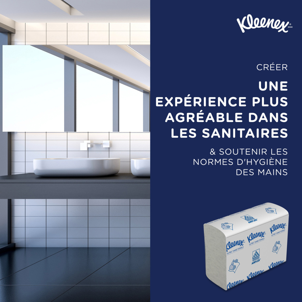 Essuie-mains pliés blancs Kleenex® Ultra™ 4633 – Essuie-mains en papier jetables 2 épaisseurs – 18 paquets x 150 essuie-mains en papier petit format (2 700 au total) - 4633