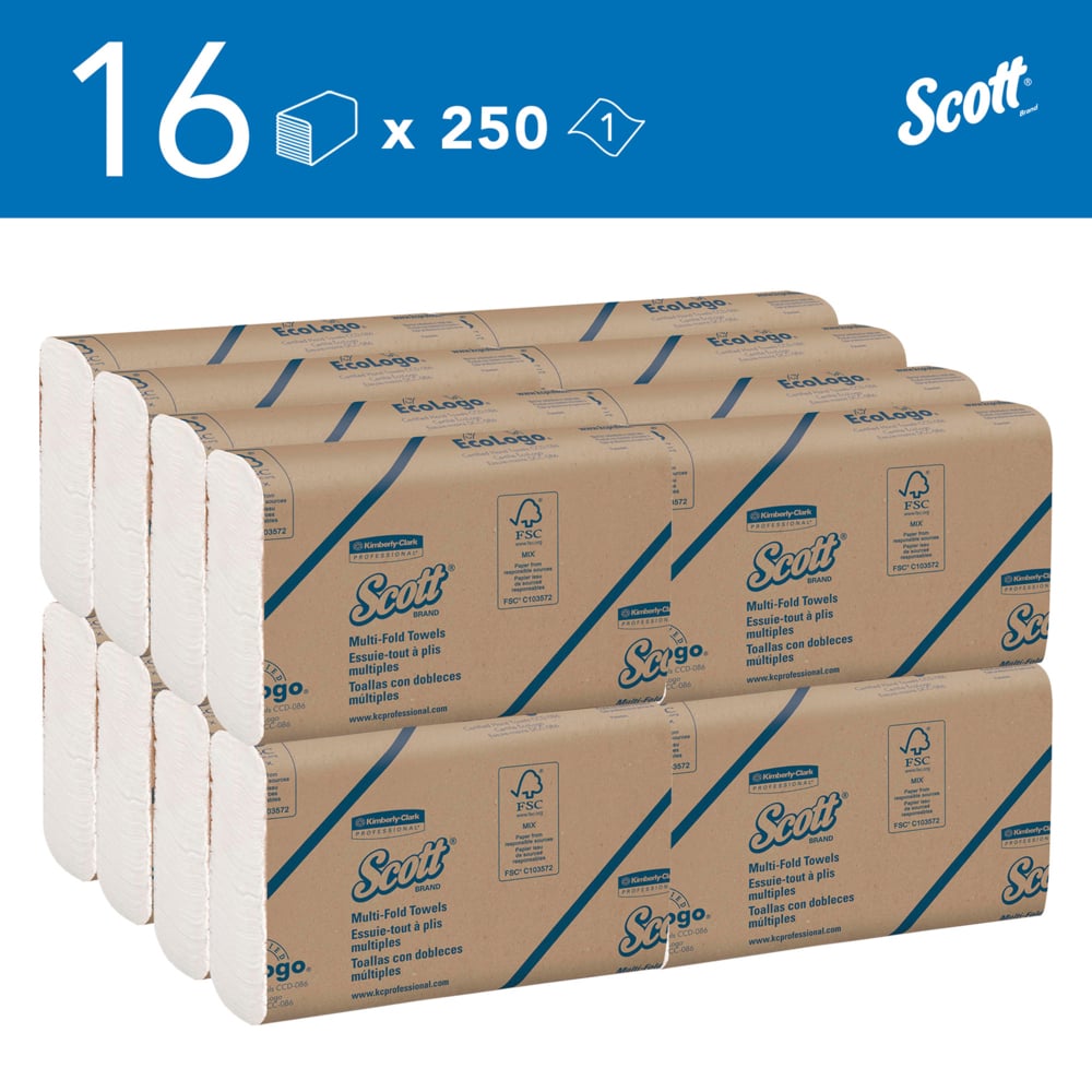 Essuie-mains multiplis Scott® 1804 - Serviettes en papier pliées en Z - 16 paquets x 250 essuie-mains en papier blancs (4 000 au total) - 1804