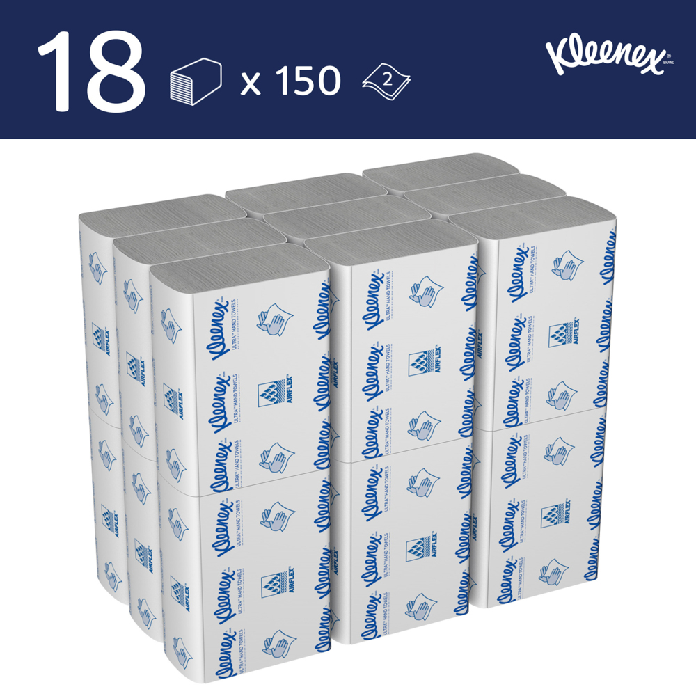 Essuie-mains pliés blancs Kleenex® Ultra™ 4633 – Essuie-mains en papier jetables 2 épaisseurs – 18 paquets x 150 essuie-mains en papier petit format (2 700 au total) - 4633