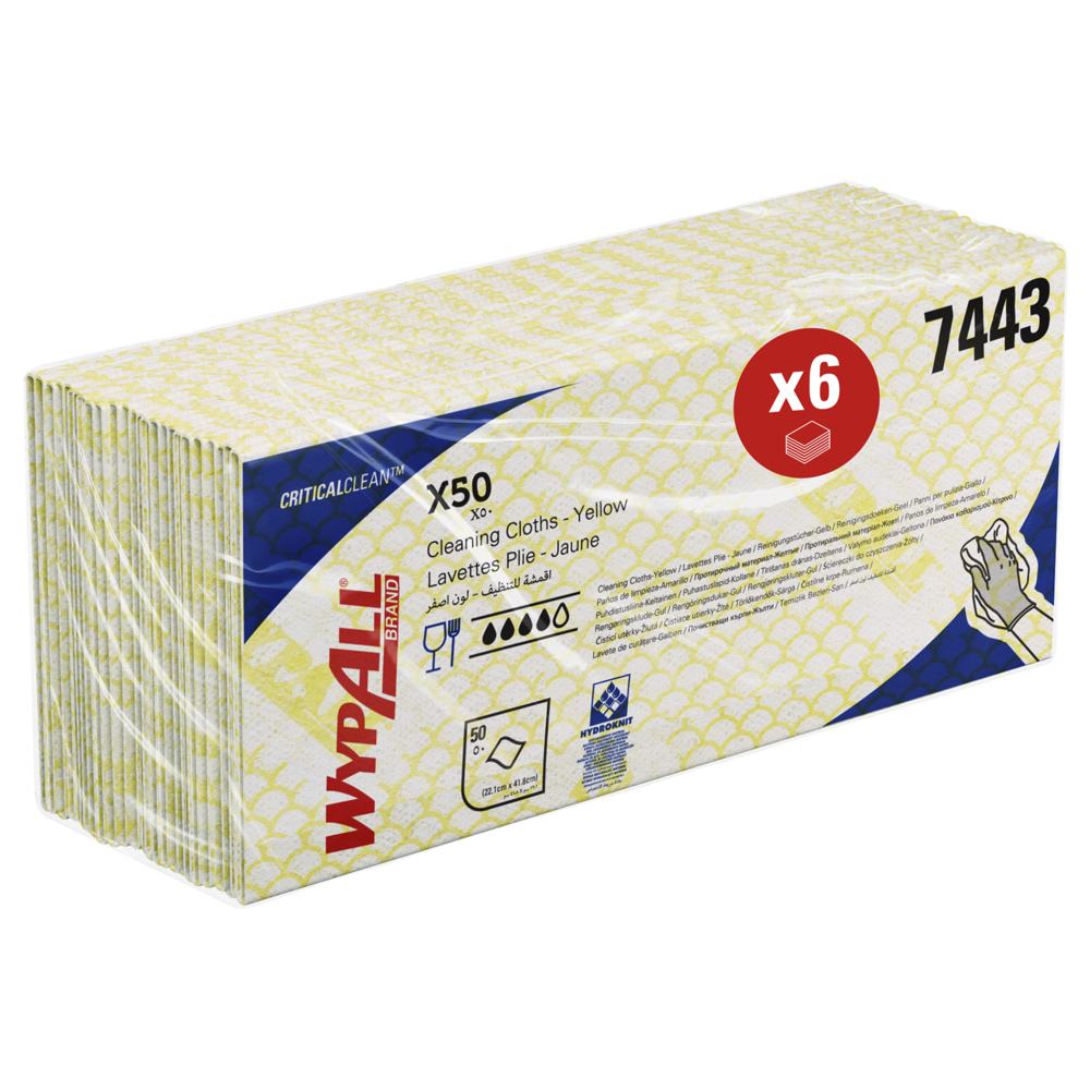 Chiffons de nettoyage à code couleur WypAll® X50 7443 - Chiffons de nettoyage jaunes - 6 paquets x 50 chiffons enchevêtrés à code couleur (300 au total) - 7443