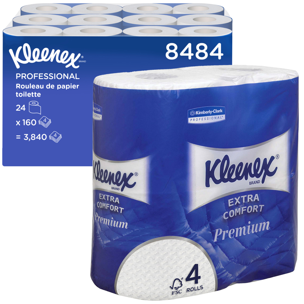 Rouleau de papier toilette taille standard Kleenex® 8484 - Papier toilette 4 épaisseurs - 24 rouleaux x 160 feuilles de papier toilette blanc (3 840 feuilles)