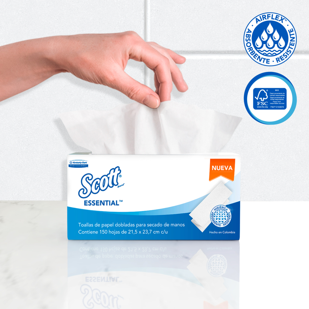 Scott® Essential™ Toalla de Manos Doblada Autodispensable Blanca 30240602 - 150 toallas/Paq, 25 Paq/Caja (3750 Hojas Total) - S060015524