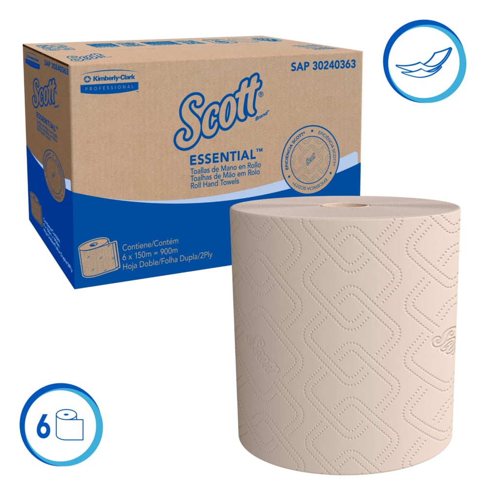 Scott® Essential - Toallas de Manos en Rollo, Natural, 150m/Rollo, 6 Rollos/Caja (900m), 30240363 - S059876550