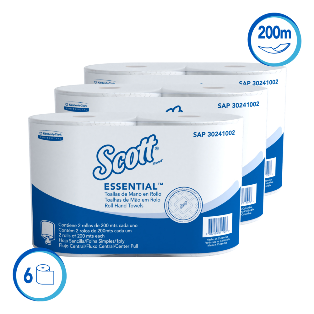 Scott® Essential™ Toalla de Manos Flujo Central Blanca 30241002 - 200m/Rollo, 3 Paq con 2 Rollos/Caja (1200m Total) - S060416837