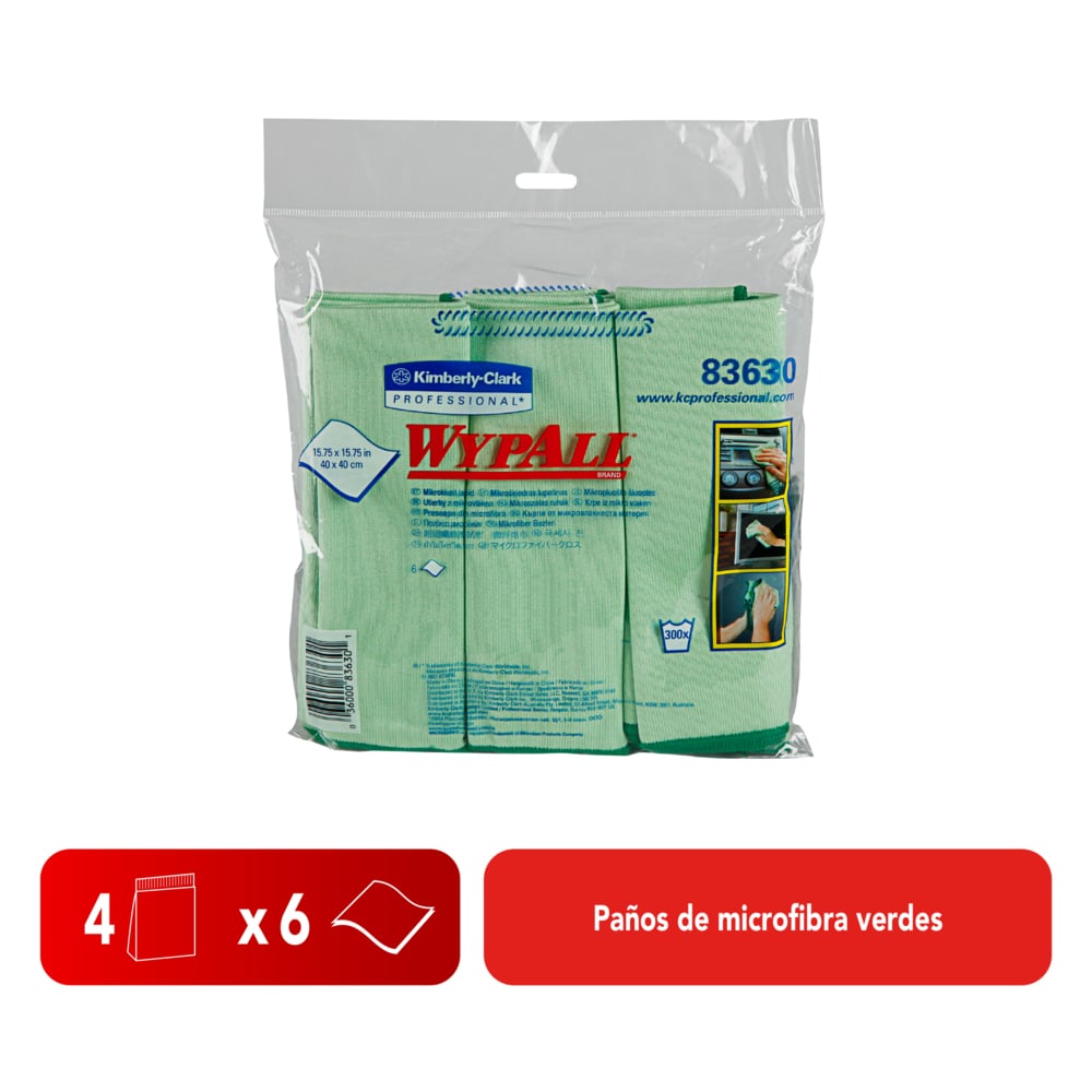 WypAll® Paños de microfibra Verde, 30202268, Paños de Limpieza, 4 paquetes x 24 paños (96 en total) - S050068778