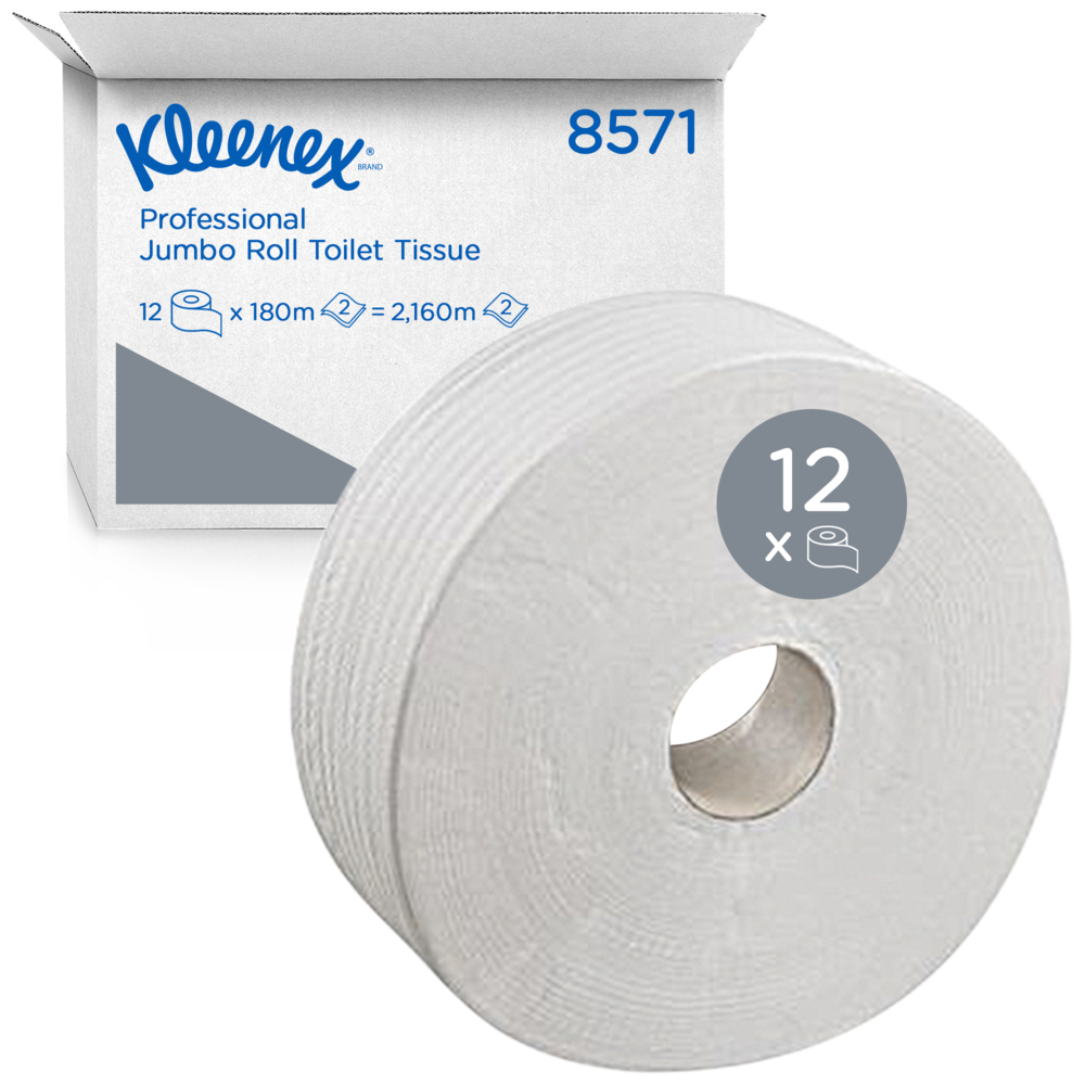 Kleenex® Jumbo Toilet Roll 8571 - Jumbo Roll Toilet Tissue - 12 Rolls x 180m 2 Ply Toilet Paper (2,160m total / 5,685 sheets total) - 8571