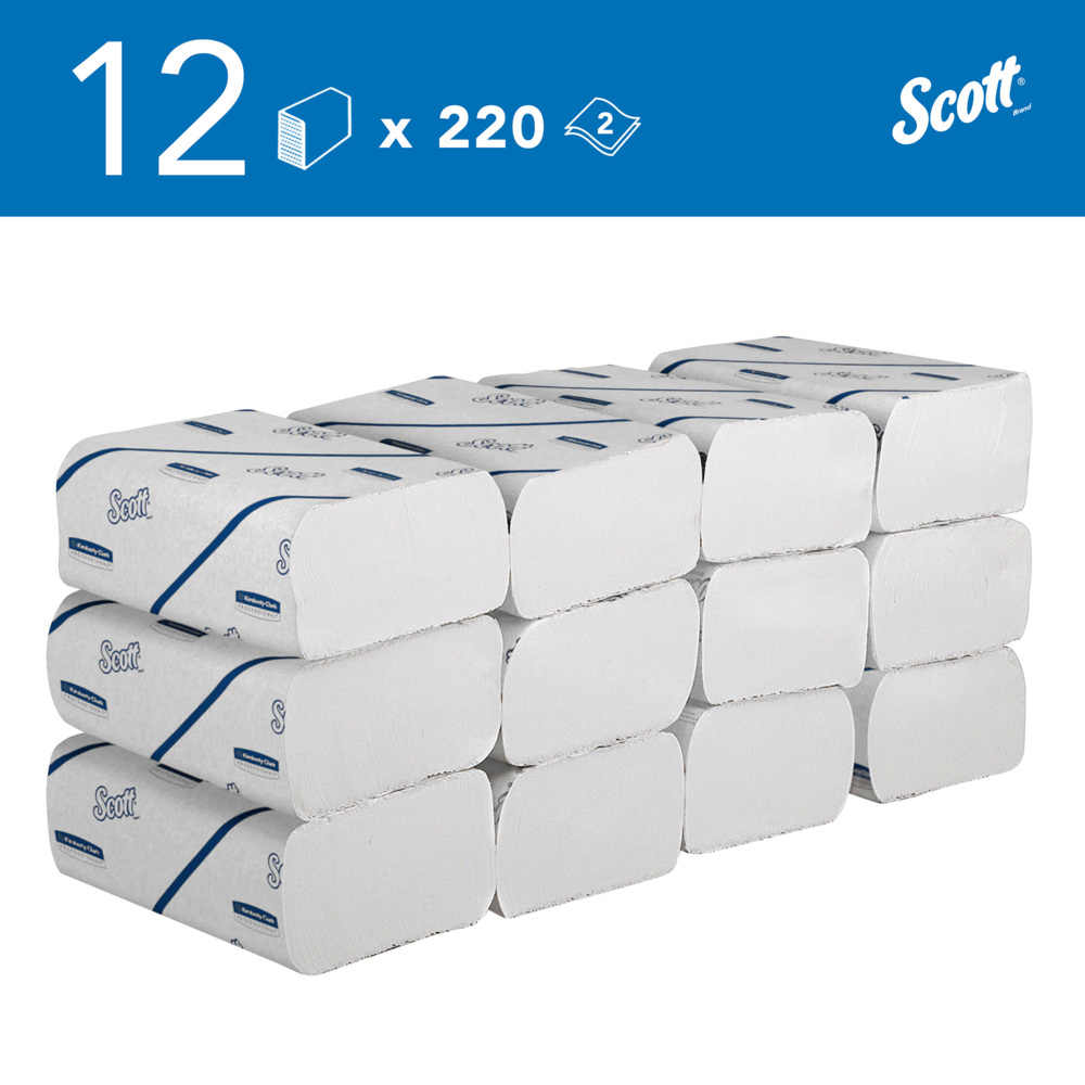 Essuie-mains Scott® Essential™ 6603 - Essuie-mains pliés fins - 12 paquets x 220 essuie-mains en papier blanc (2640 au total) - 6603