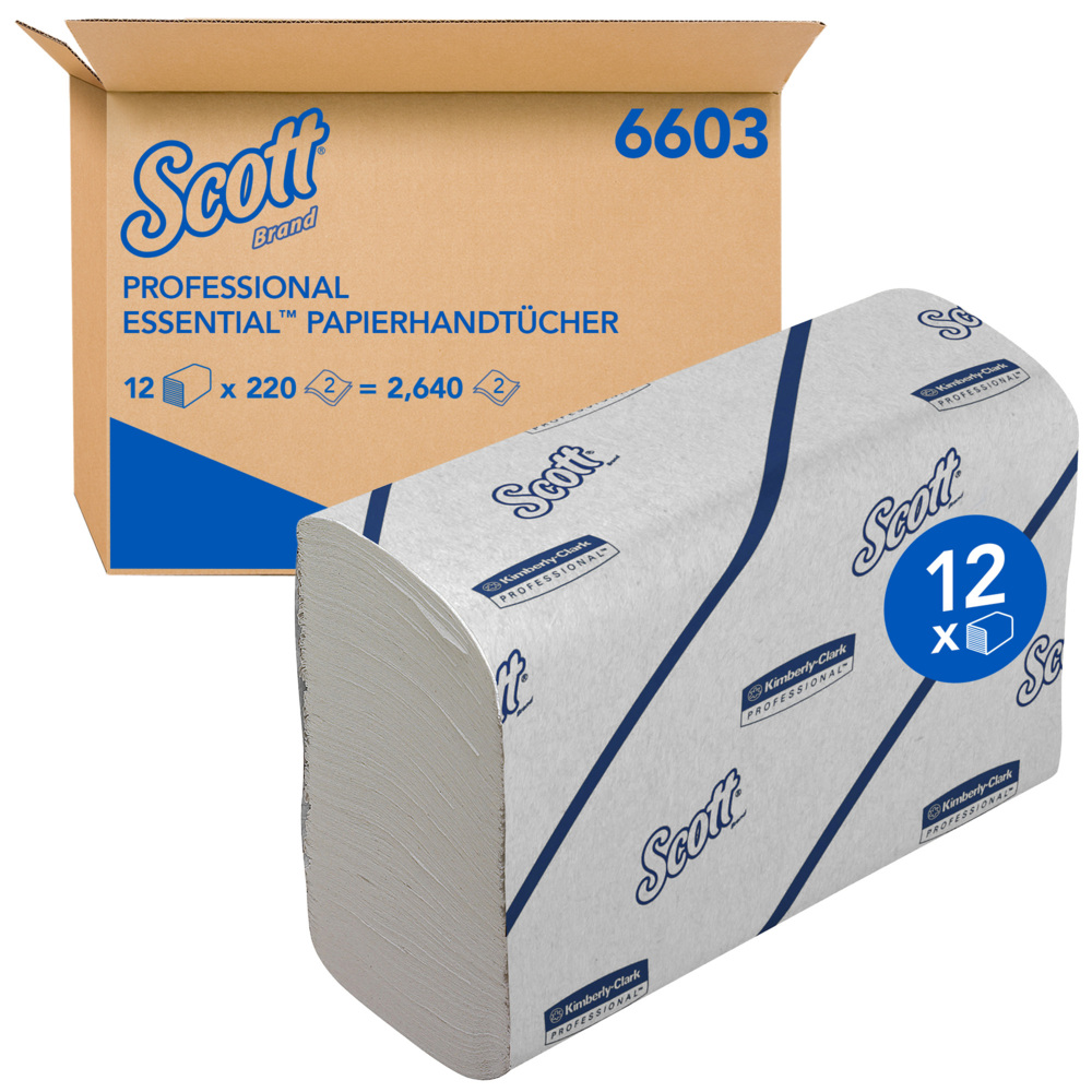 Essuie-mains Scott® Essential™ 6603 - Essuie-mains pliés fins - 12 paquets x 220 essuie-mains en papier blanc (2640 au total) - 6603