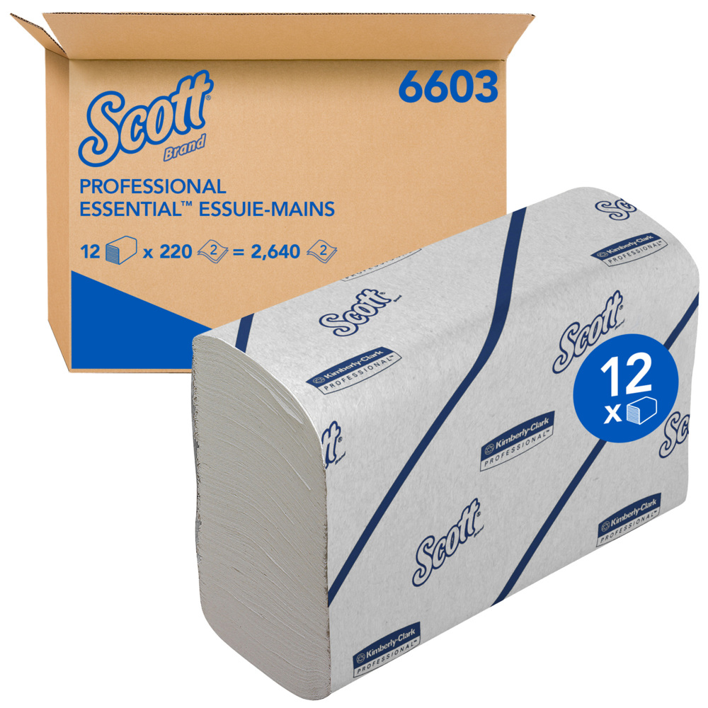 Essuie-mains Scott® Essential™ 6603 - Essuie-mains pliés fins - 12 paquets x 220 essuie-mains en papier blanc (2640 au total) - 6603