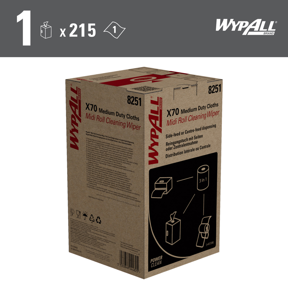 Paños para limpieza de dificultad media WypAll® X70 Power Clean™ 8251 - Sistema de limpieza de rollo mediano 2 en 1 - 1 rollo azul x 215 paños de limpieza azules - 8251