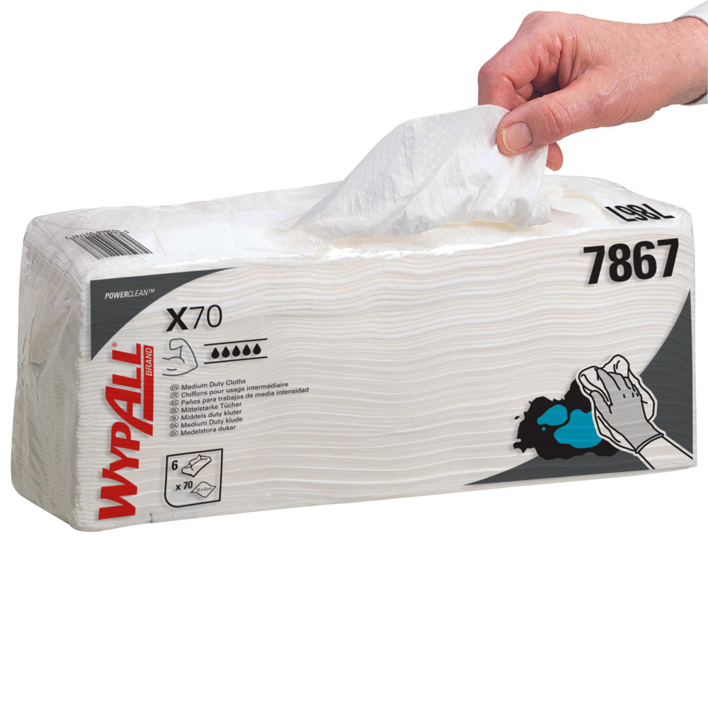 WypAll® X70 Power Clean™-poetsdoeken 7867 - herbruikbare poetsdoeken - 6 pakken x 70 gevouwen witte, absorberende poetsdoeken (420 in totaal) - 7867