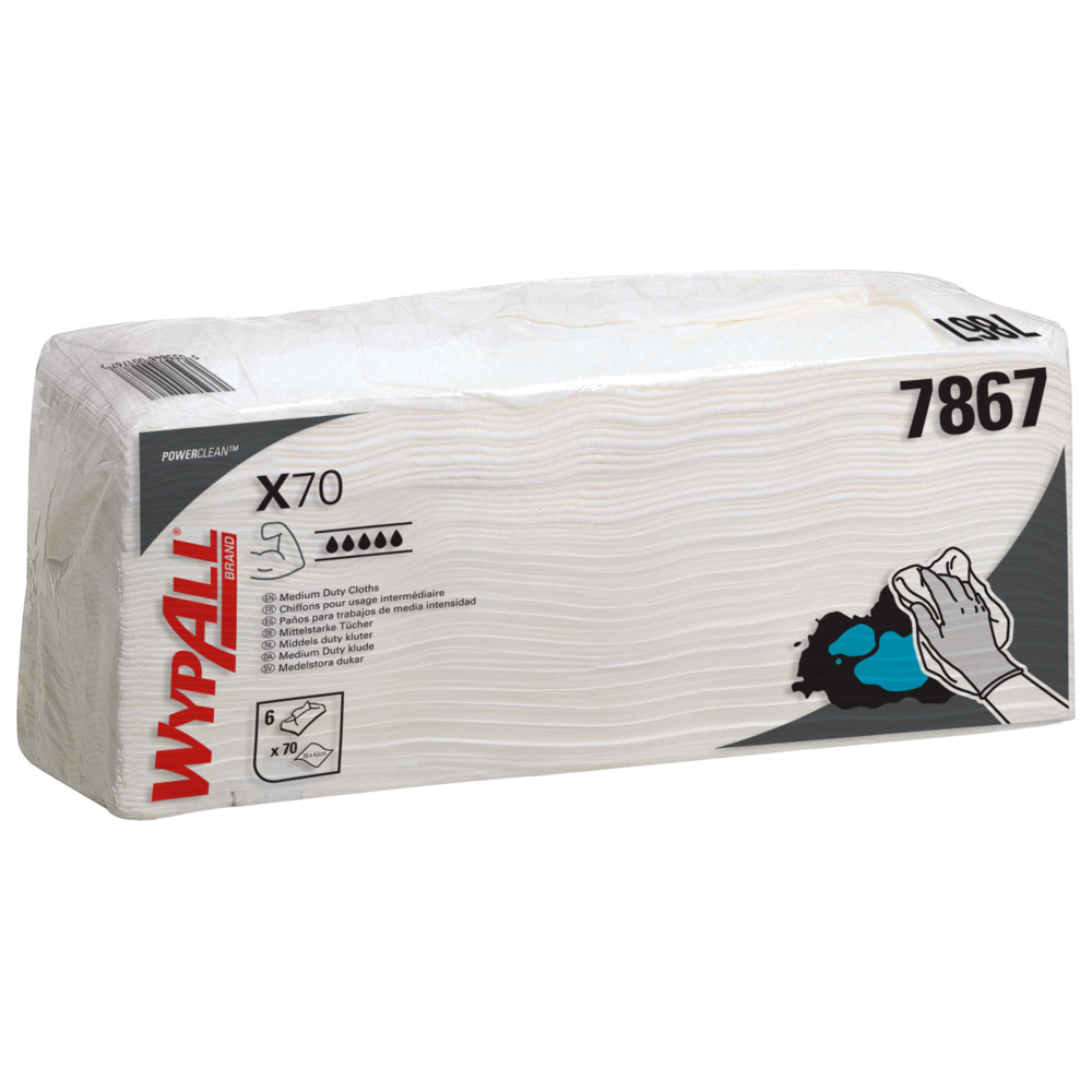 WypAll® X70 Power Clean™-poetsdoeken 7867 - herbruikbare poetsdoeken - 6 pakken x 70 gevouwen witte, absorberende poetsdoeken (420 in totaal) - 7867