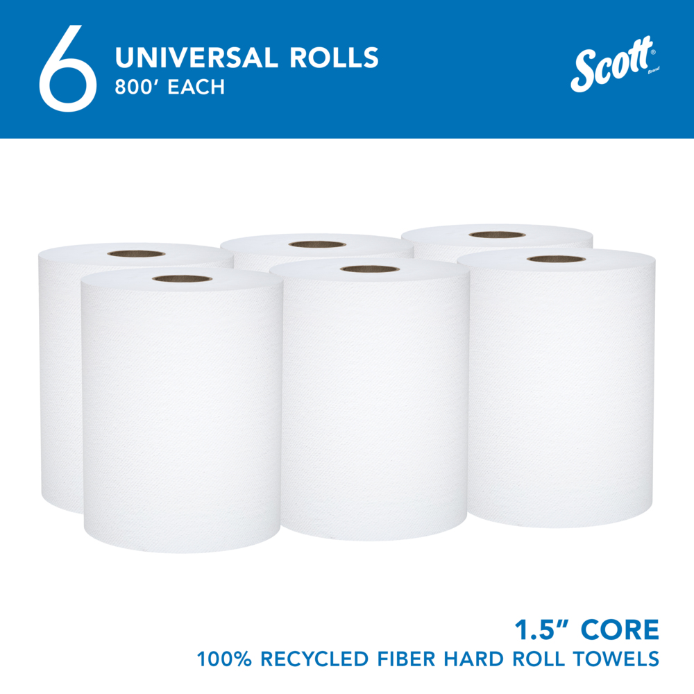 Scott® Universal 100% Recycled Fiber Hard Roll Bulk Paper Towels (56158), with Absorbency Pockets™, 1.5" Core, White, (800'/Roll, 6 Rolls/Case, 4,800'/Case) - 56158