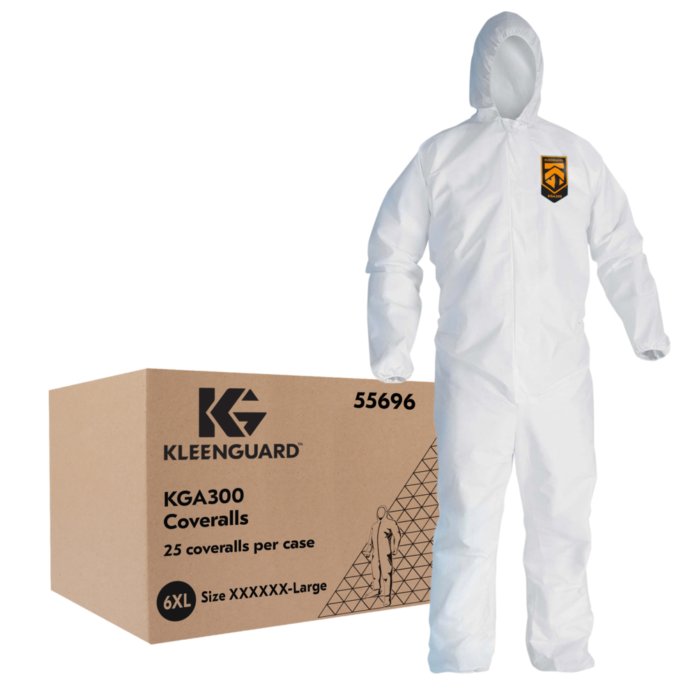 KleenGuard™ KGA300 Liquid & Particle Surface Prep & Paint Protection Coveralls (55696), Zipper Front, Elastic Wrists, Ankles & Hood , White, Reflex Design, 6XL (Qty 25) - 55696