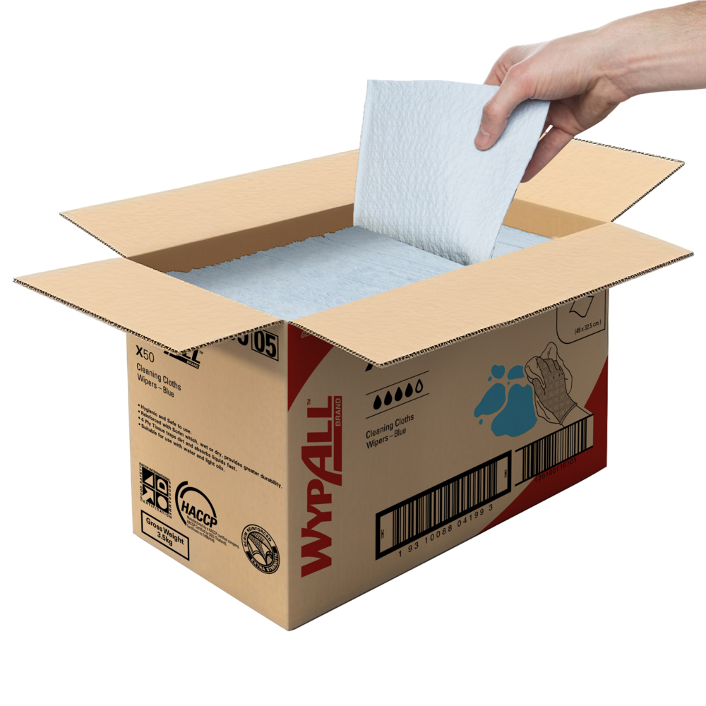 WYPALL® X50 Reinforced Single Sheet Blue Wipers (4199), 1 Box / Case, 250 Wipers / Box (250 Wipers total) - 99104199