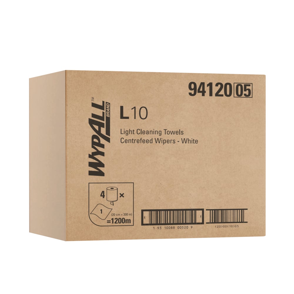 WYPALL® L10 Heavy Duty Centrefeed Wiper Roll (94120), Single Use Wipers, 4 Rolls / Case, 300m / Roll (1,200m Total) - S050428250