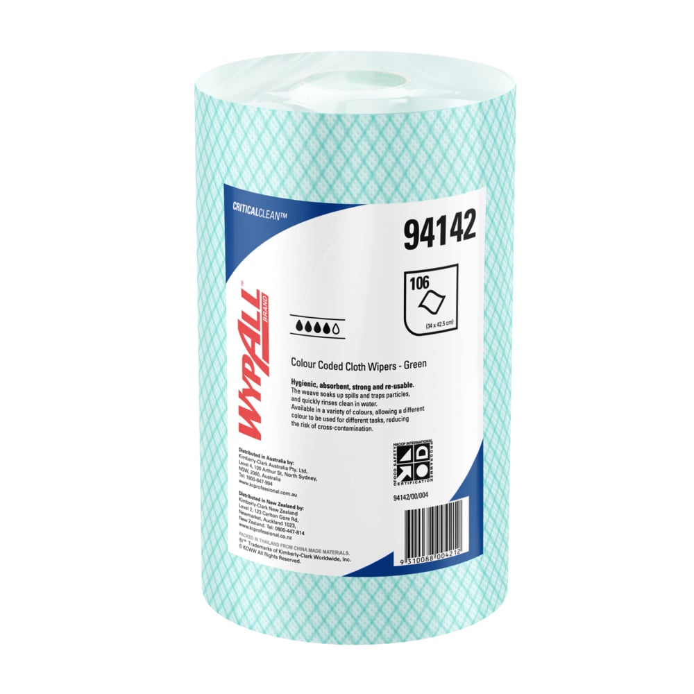 WYPALL® Colour Coded Wipers (94142), Green Cleaning Wipers, 6 Wiper Rolls / Case, 106 Wipers / Roll (636 Total) - S050428257