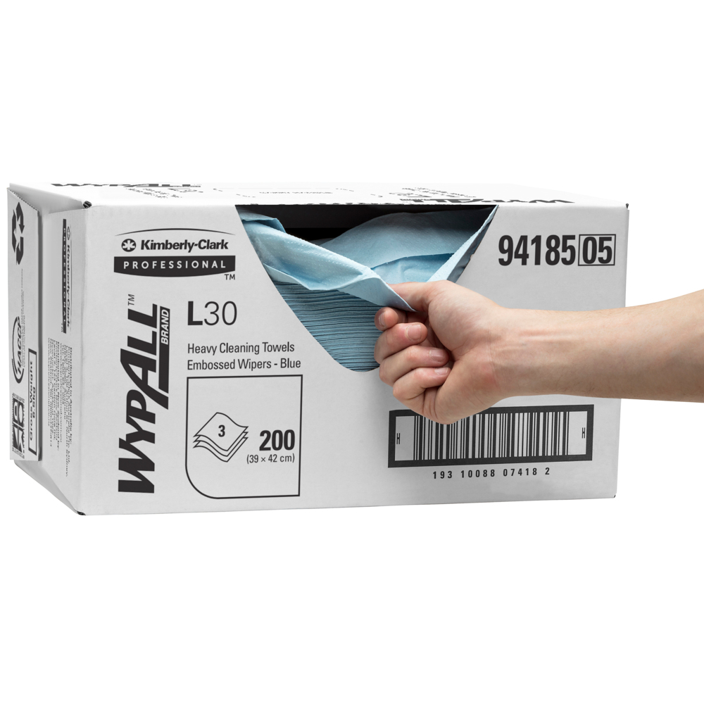 WYPALL® L30 Embossed Wipers (94185), Blue Wipers, 1 Box / Case, 200 Disposable Wipers / Box - S050064519