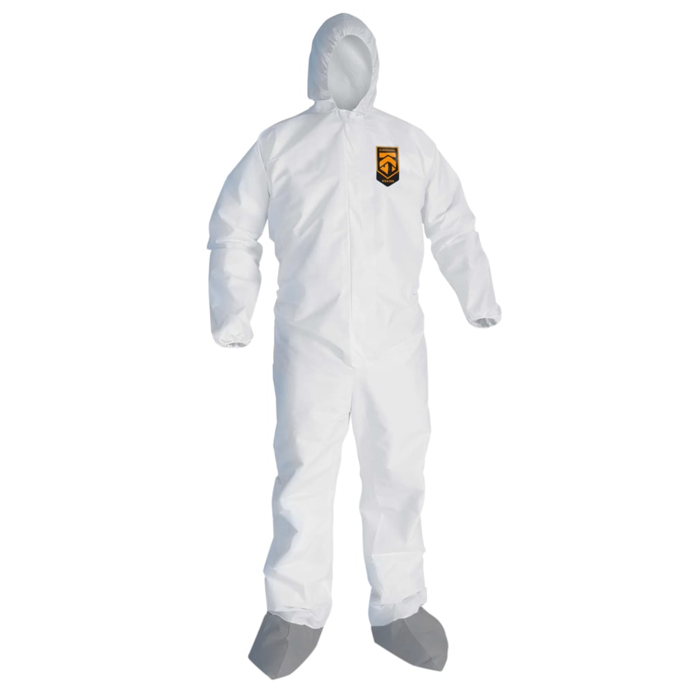 KleenGuard™ KGA300 Liquid & Particle Surface Prep & Paint Protection Coveralls (48977), Zipper Front, Elastic Wrists, Ankles, Hood & Boots, White, Grey Boots, Reflex Design, 4XL (Qty 25) - 48977