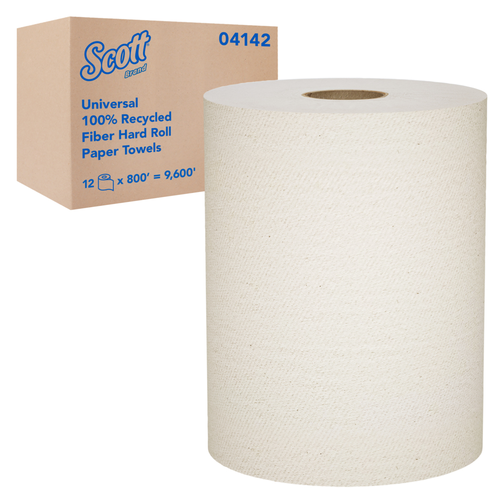 Essuie-mains en rouleaux durs en fibres recyclées à 100 % Scott® (04142), naturels, 800 pi/rouleau, 12 rouleaux/caisse, 9 600 pi/caisse - 04142