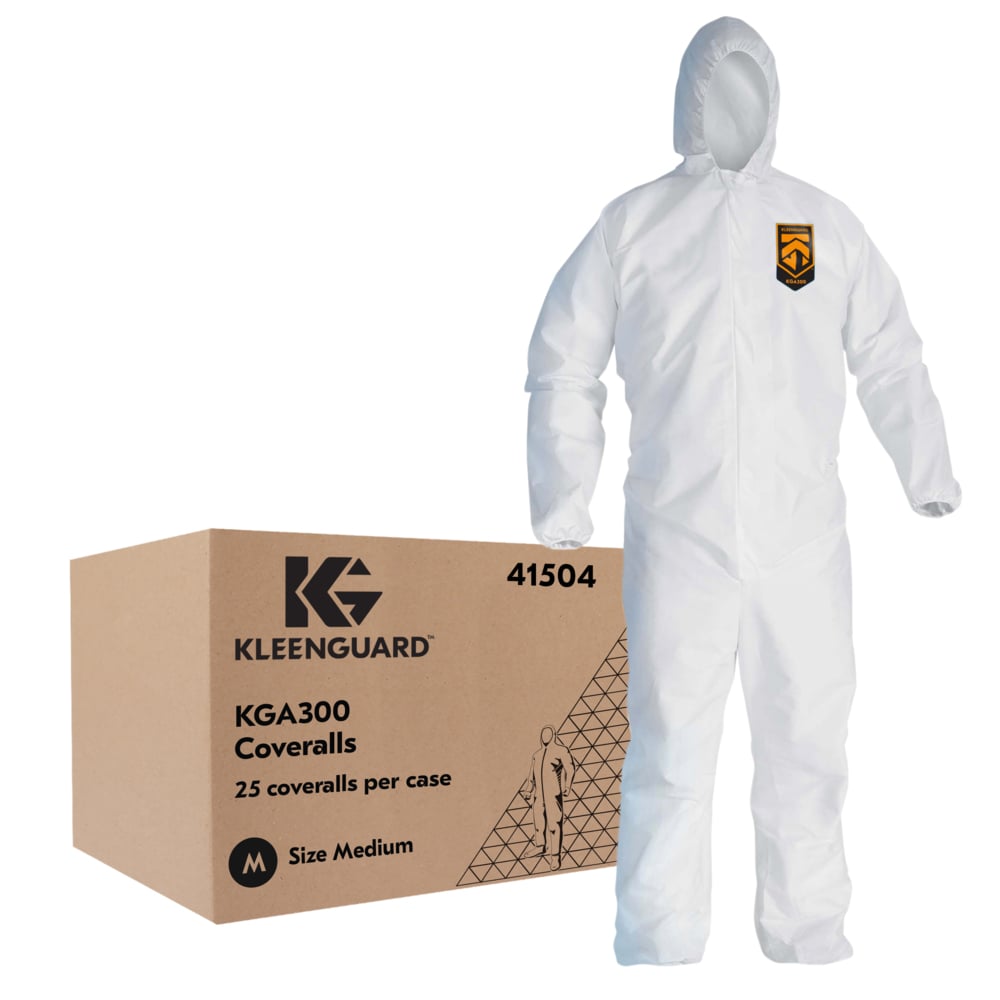 KleenGuard™ KGA300 Liquid & Particle Surface Prep & Paint Protection Coveralls (41504), Zipper Front, Elastic Wrists, Ankles & Hood, White, Reflex Design, Medium (Qty 25) - 41504