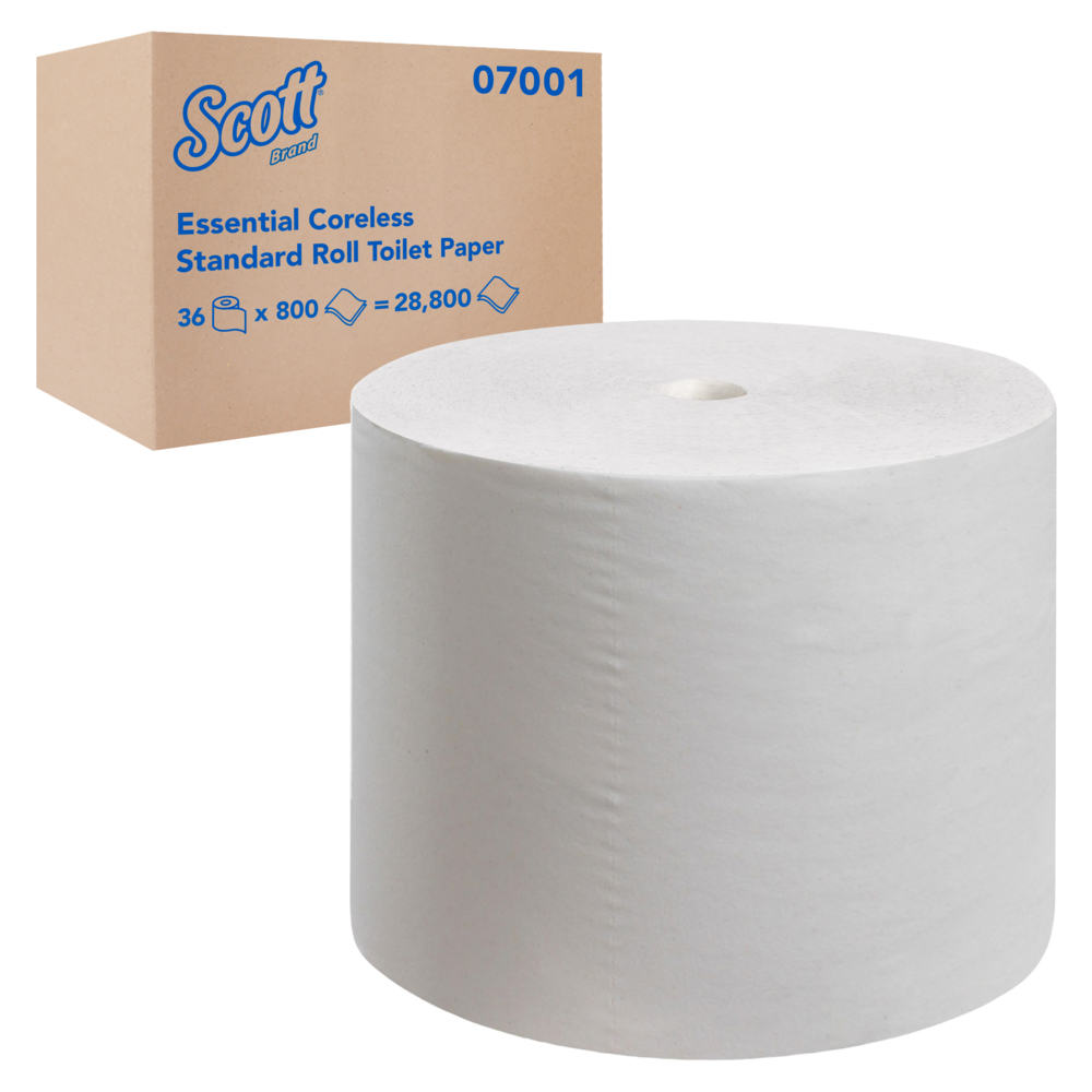 Papier hygiénique extra doux en rouleau standard sans mandrin Scott® Essential (07001), rouleaux standards, 36 rouleaux/caisse, 800 feuilles/rouleau, 28 800 feuilles/caisse - 07001