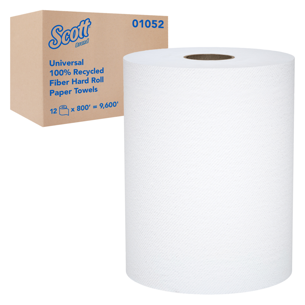 Essuie-mains en rouleau en fibres recyclées à 100 % Scott® Universal (01052), avec technologie Absorbency Pockets™, mandrin de 3,81 cm (1,5 po), blancs (800 pi/rouleau, 12 rouleaux/caisse, 9 600 pi/caisse) - 01052