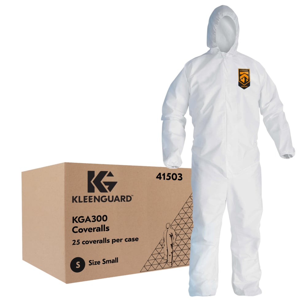 KleenGuard™ KGA300 Liquid & Particle Surface Prep & Paint Protection Coveralls (41503), Zipper Front, Elastic Wrists, Ankles & Hood, White, Reflex Design, Small (Qty 25) - 41503