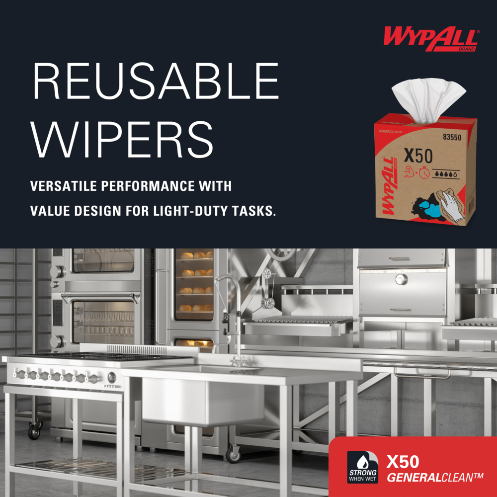 WypAll® GeneralClean™ X50 Cleaning Cloths (83550), Pop-Up Box, Strong for Extended Use, White (168 Sheets/Pack, 10 Packs/Case, 1,680 Sheets/Case) - 83550